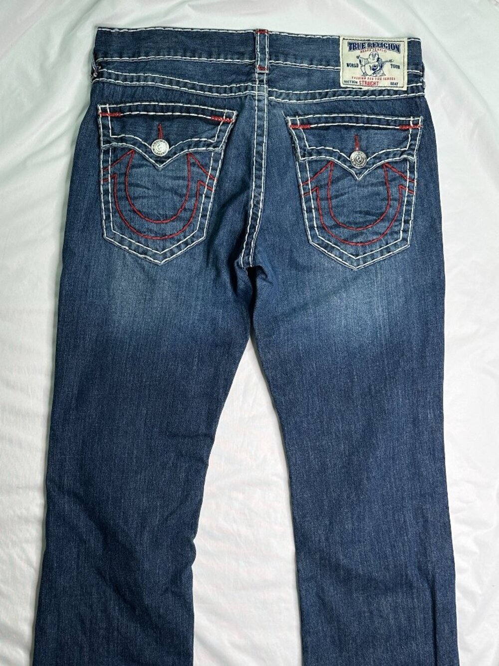 True Religion Men's Jeans 36x32 Straight Super T Flap Red White Stitch